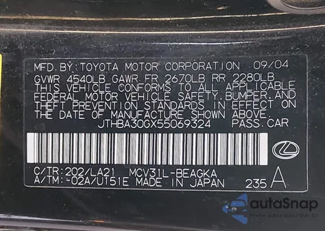 2005 Lexus Es 330 z USA, uszkodzony, nr VIN JTHBA30GX55069324